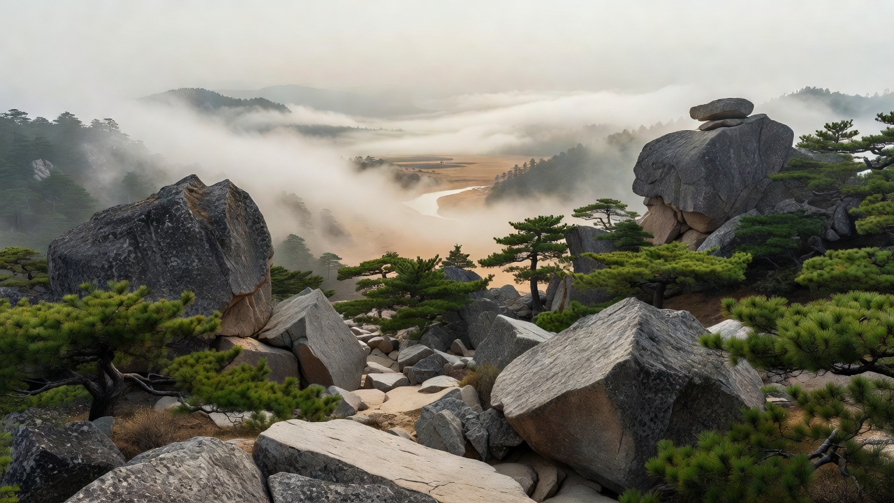 霧の谷を見下ろす山道の峠