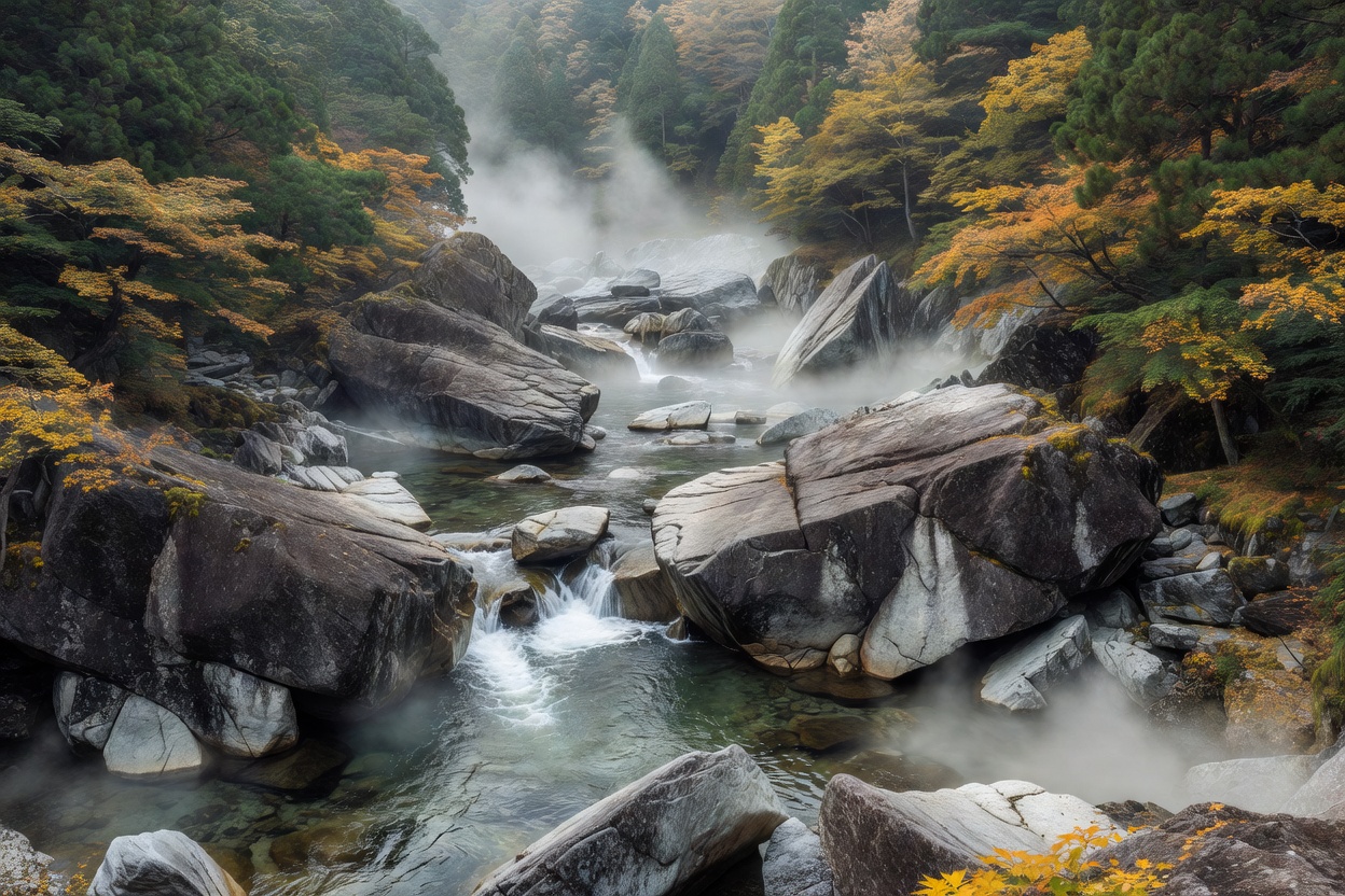 秋の渓流と花崗岩の巨石