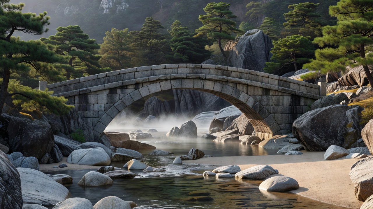 松林の渓流にかかる石橋