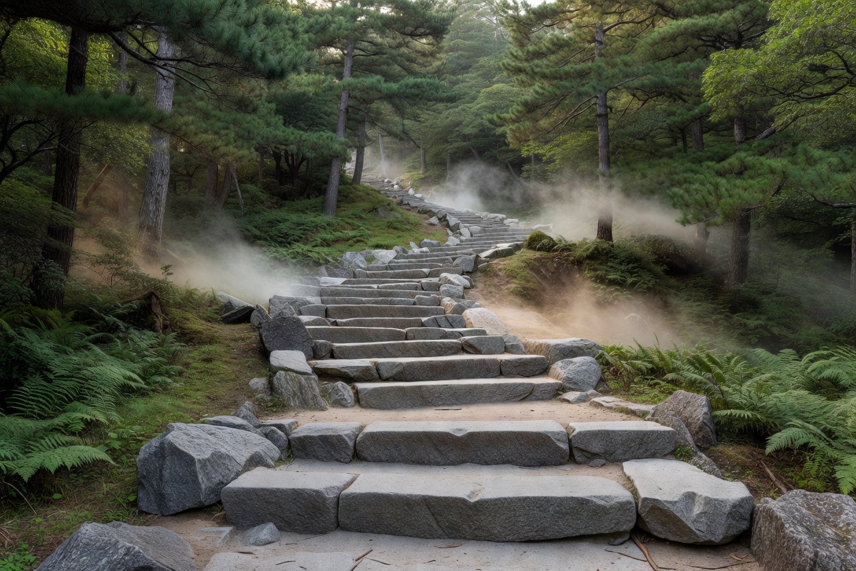 森の中に続く石段の山道