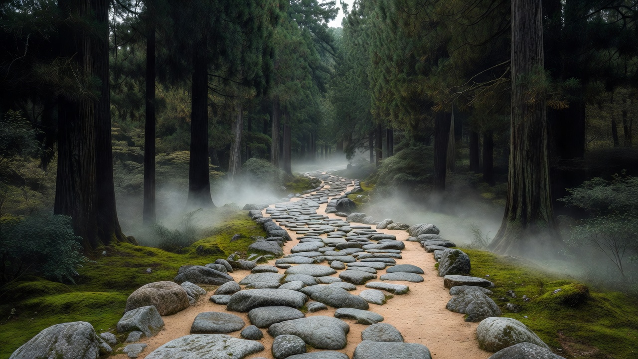 杉並木を抜ける石畳の参道